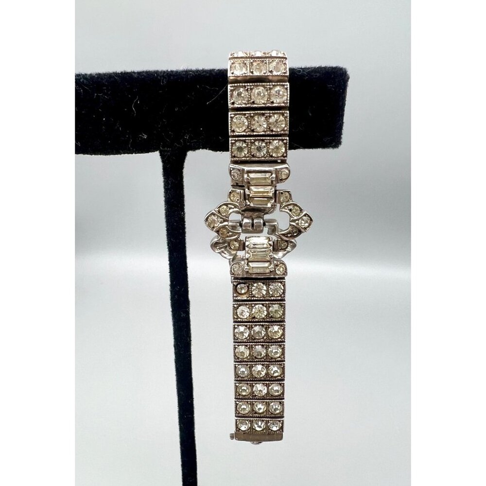 Antique Art Deco Sterling Silver Rhinestone Flexible Bracelet 7"L - Picture 10 of 10